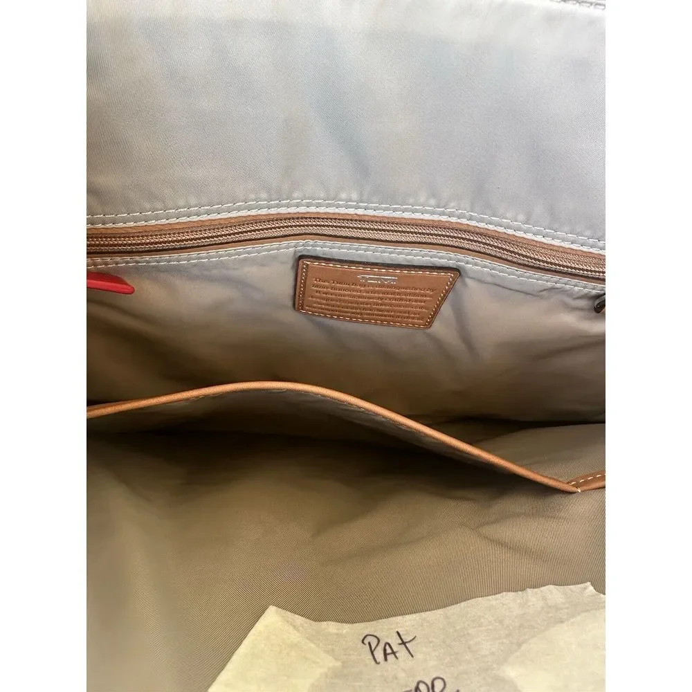 Tumi Tote Bag Tan Embossed Leather Purple Nylon Monogram Travel‎ Work Bag